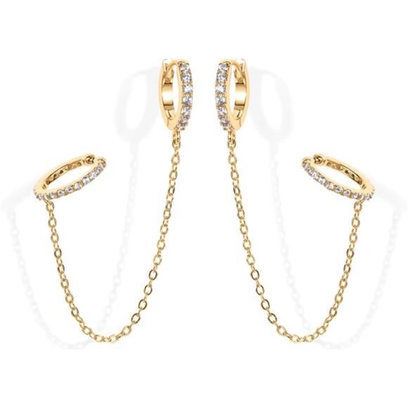 14K Gold Chain Earrings for Women | Double Piercing Dangle Chain Huggie - Picture 1 of 7